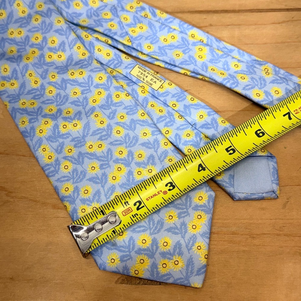 Hermes Silk Tie One Size Blue Excellent Sunflower Floral Pattern Luxury France - Picture 4 of 7